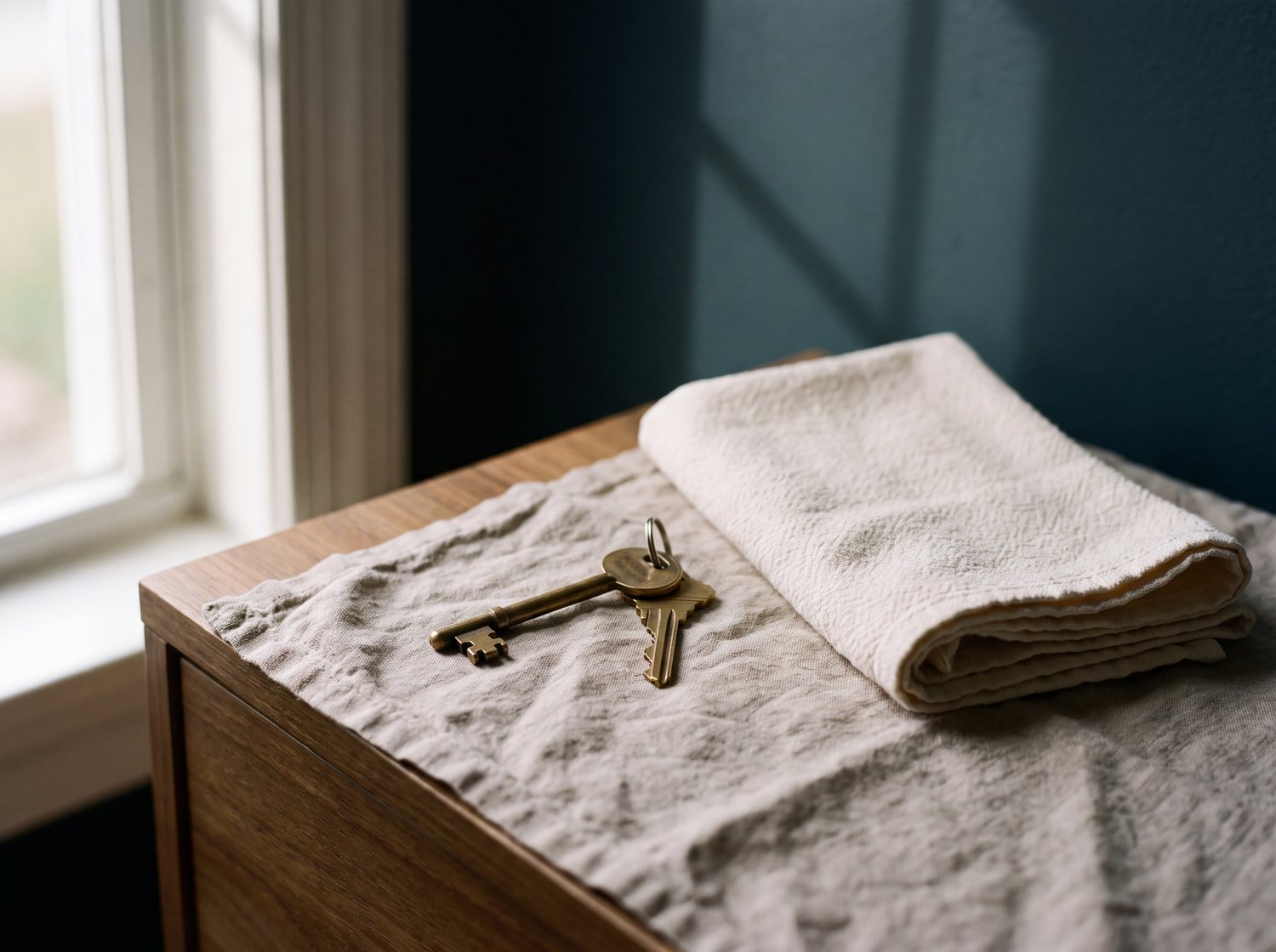 Keys resting on folded linen in a turned rental