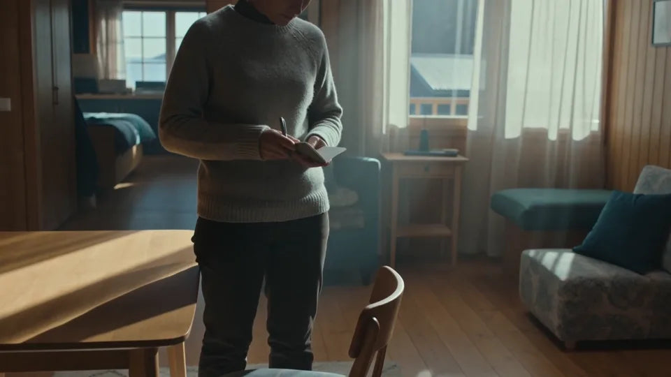Illustration: a host walks a quiet cabin living room after checkout, noting what he sees.
