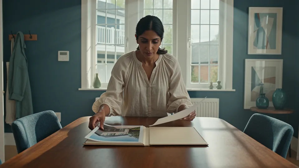 Illustration: a host at a dining table compares a printed page with photographs in an album.