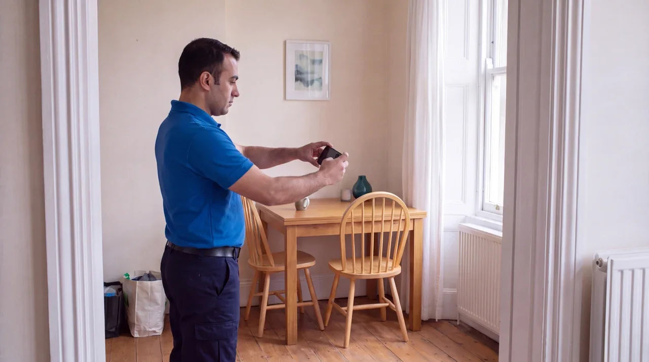 A cleaner photographs the dining area from the side