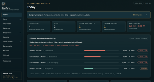 StayTurn Command Center v1.2.0 Today screen showing evidence readiness by deadline risk
