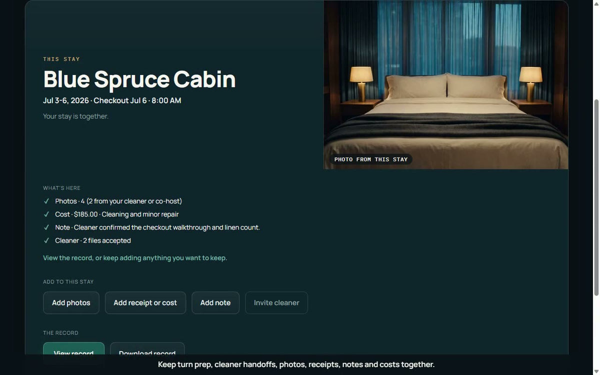 StayTurn completed stay workspace for Blue Spruce Cabin with photos, costs, notes, and cleaner handoff together