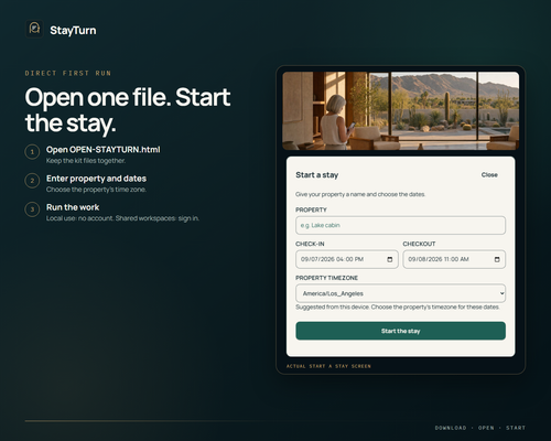 StayTurn setup: daylight desert property and the complete Start a stay form. Local use without an account; shared workspaces require sign-in.