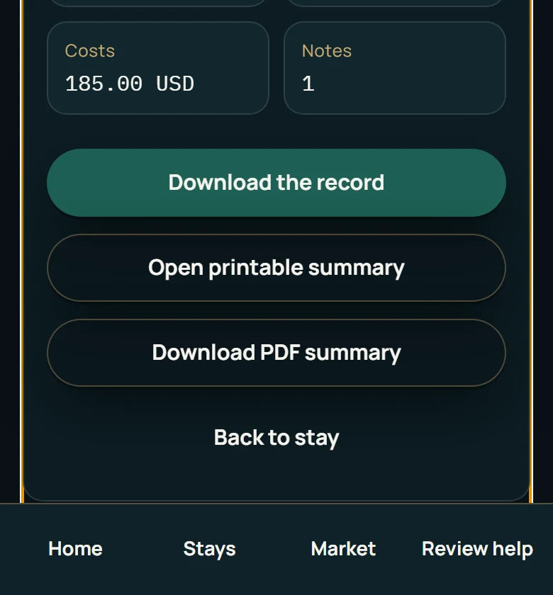 The StayTurn stay record with its export actions.
