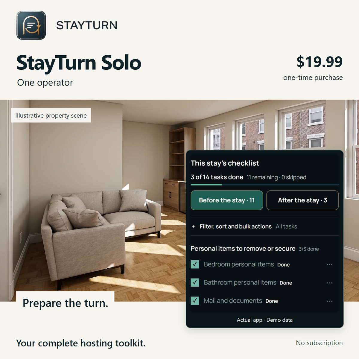 StayTurn Solo. Your complete hosting toolkit. One operator, $19.99 once.