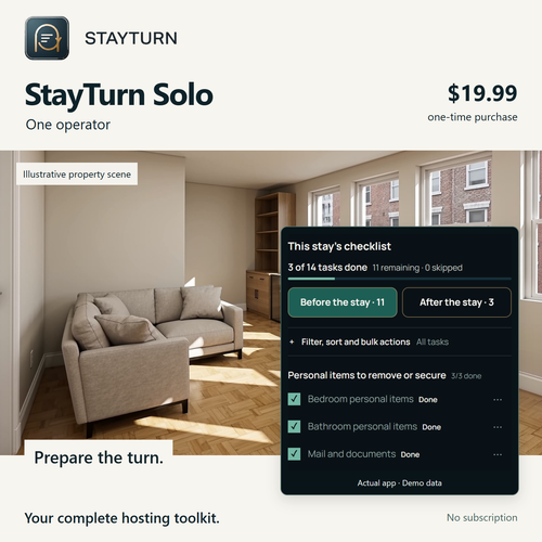 StayTurn Solo. Your complete hosting toolkit. One operator, $19.99 once.