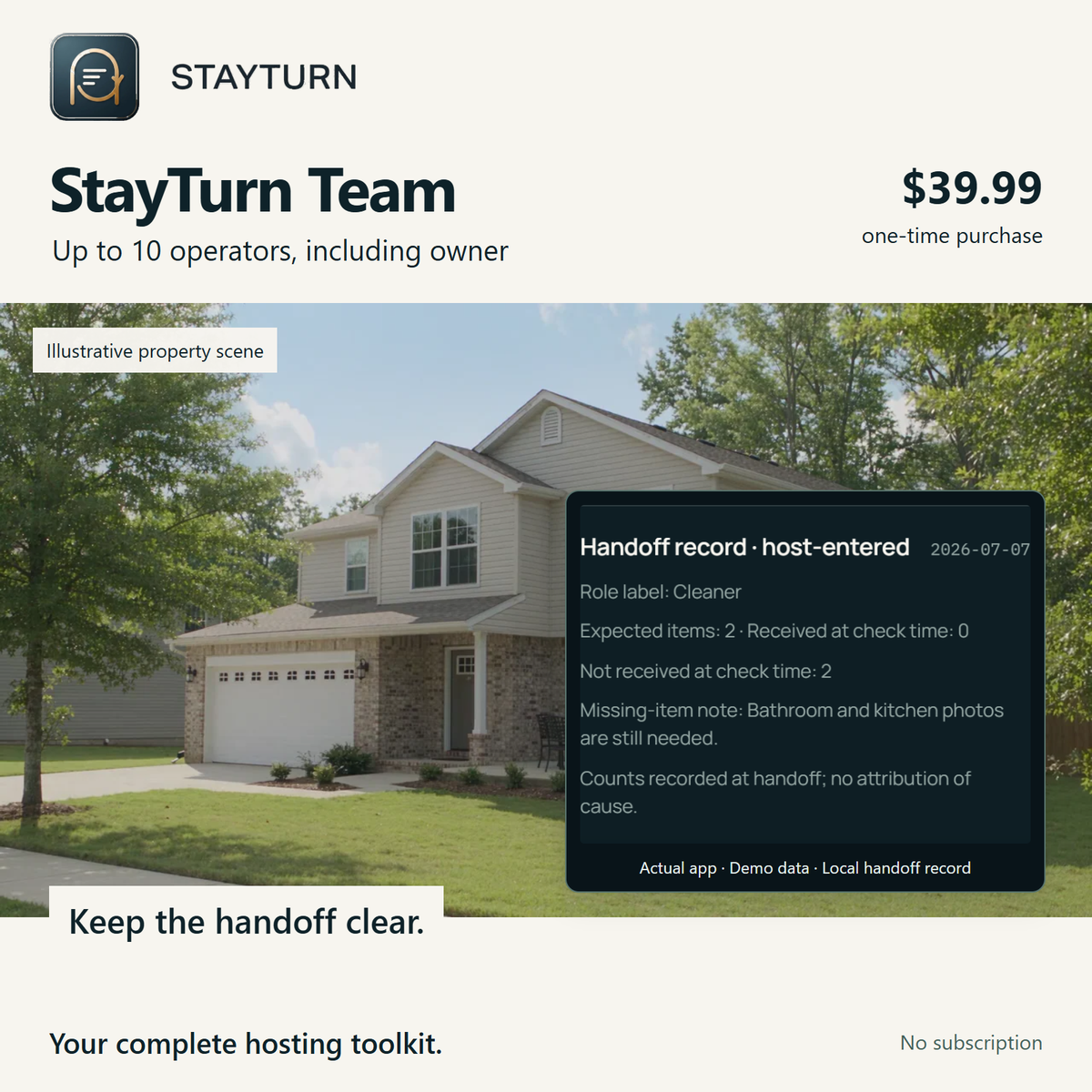 StayTurn Team. Your complete hosting toolkit. Up to 10 operators, including the owner. $39.99 once.