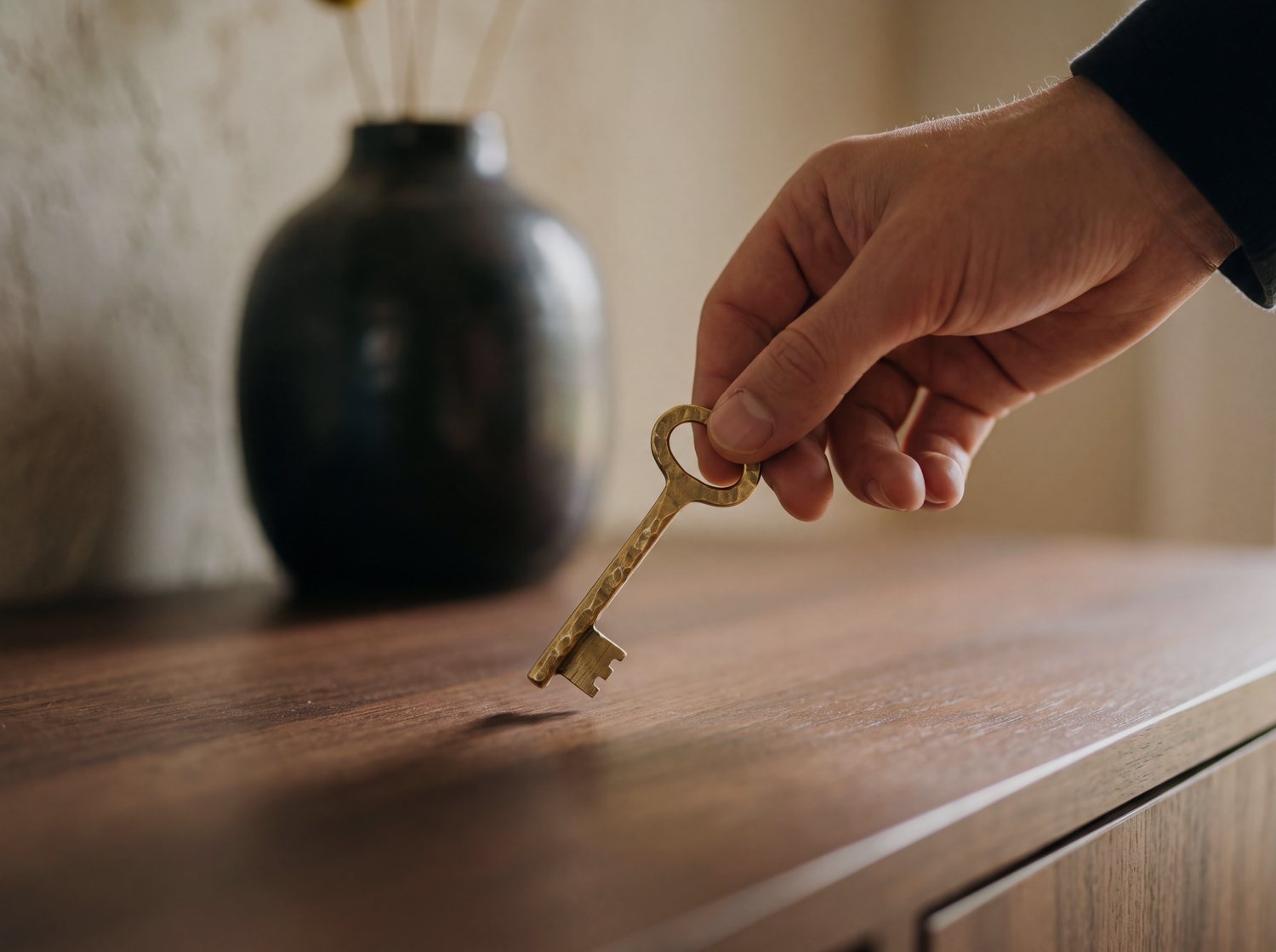 A brass key set down on a console at a rental entry