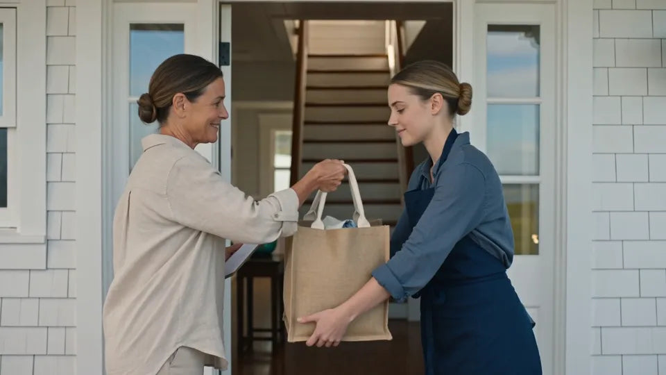 Illustration: a host hands a supply tote to a cleaner at a cottage doorway.
