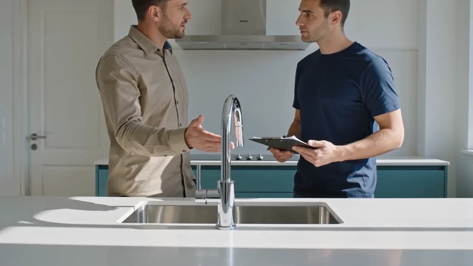 Illustration: a host and a technician with a clipboard talk beside a kitchen sink.