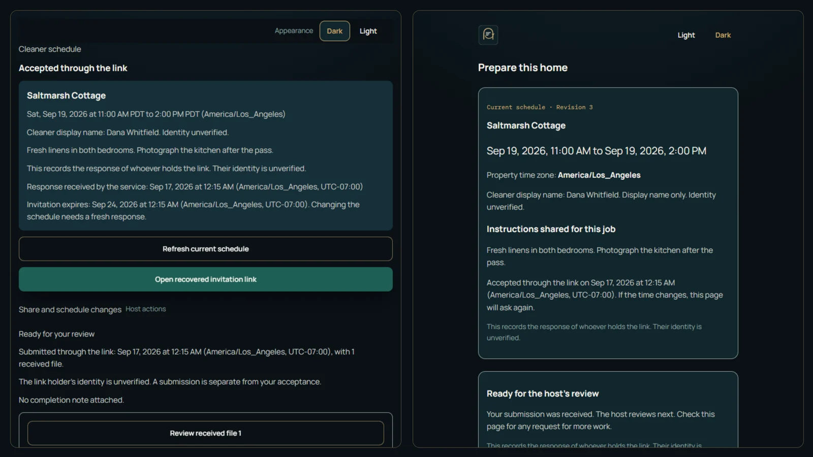 StayTurn cleaner schedule: the host's schedule panel beside the cleaner's link page