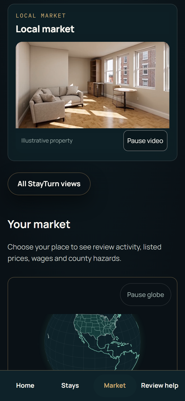 StayTurn Market screen for the sample stay