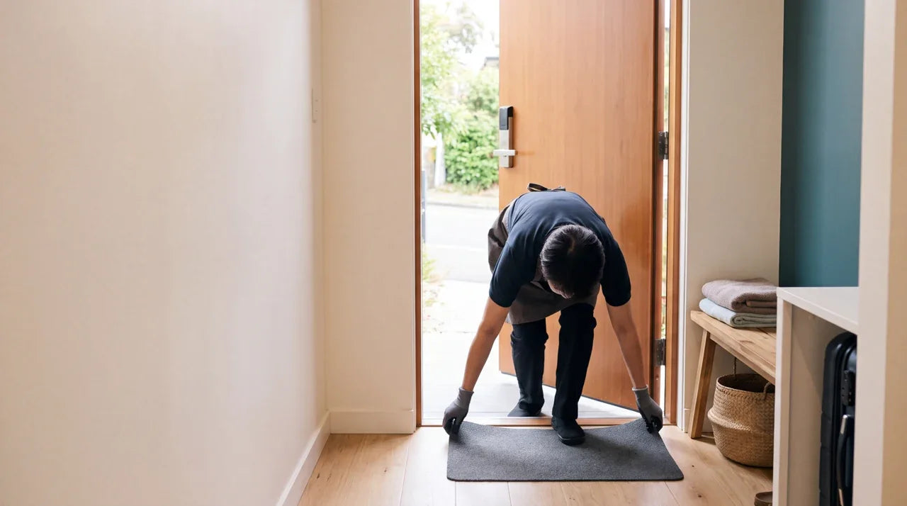 A cleaner straightens the entry mat before arrival