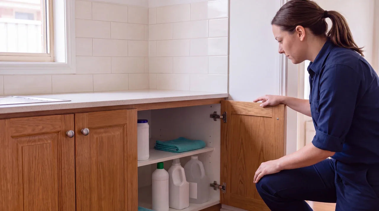 A cleaner checks the supplies under the kitchen sink