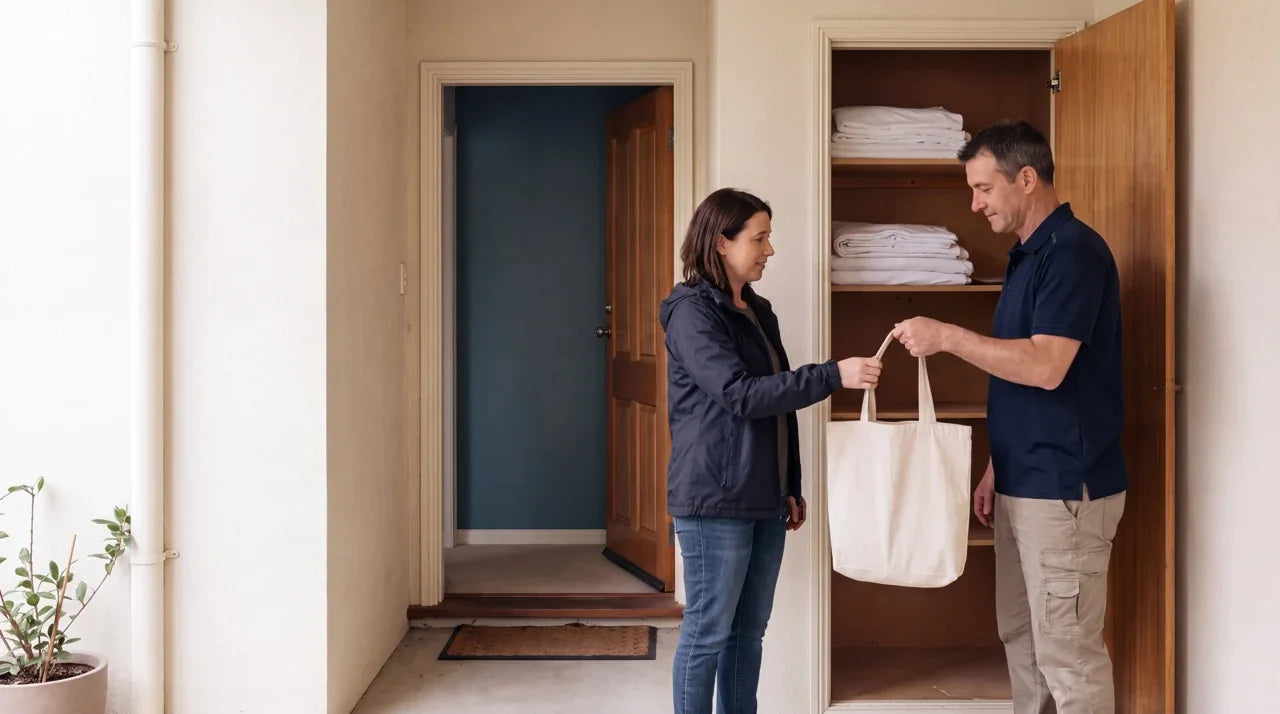 A host hands the cleaner a supply tote at the door