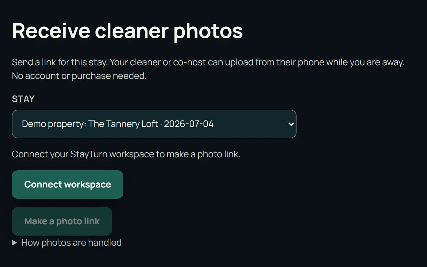 The Receive cleaner photos screen in StayTurn: choose the stay, connect the workspace, make a photo link
