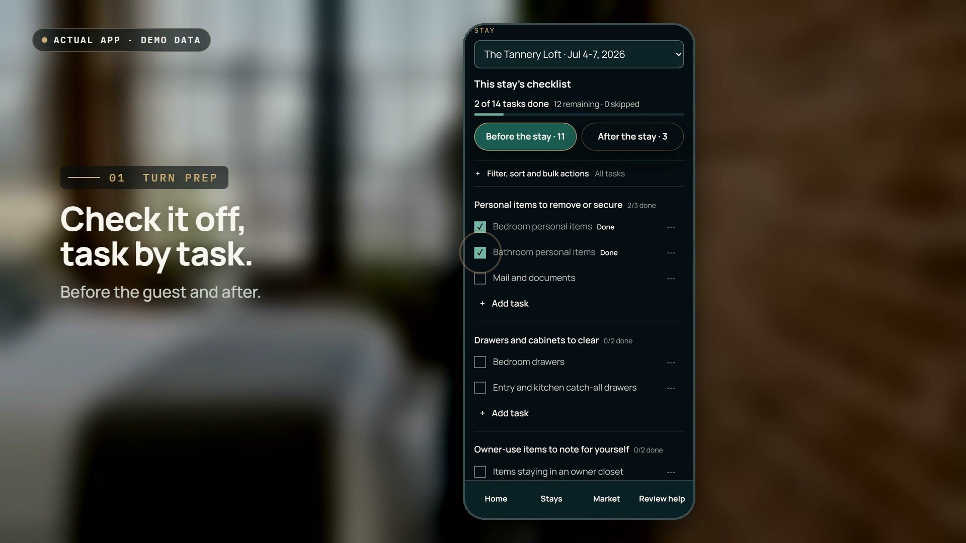 StayTurn turn prep checklist for a demo stay, 2 of 14 tasks done. Actual app, demo data.
